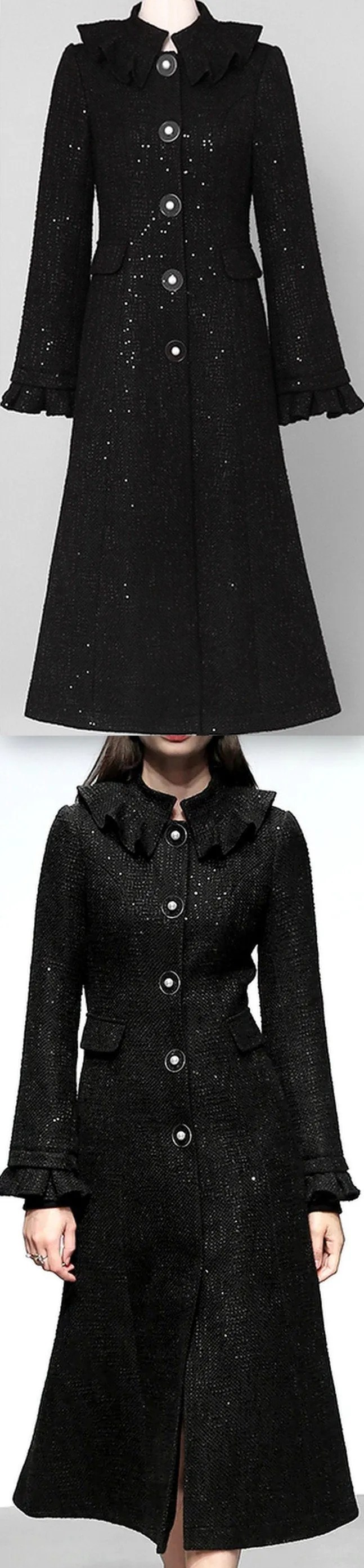 Black Single-Breasted Ruffle Trim Wool Coat