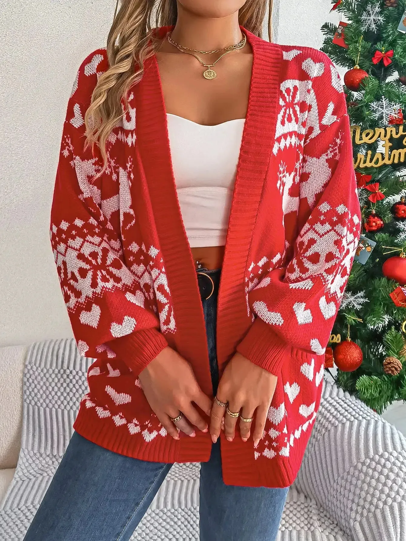 Christmas Deer Pocket Long-sleeve Cardigan