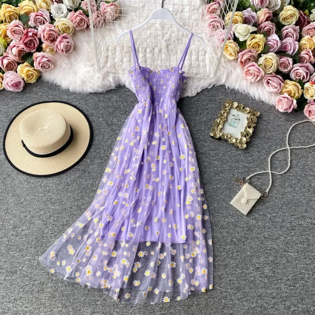 deanwangkt Slip Dress Long Mesh Floral Dress Women Vintage Elegant Sexy Beach Dresses Woman Party Night  Korean Kawaii Ruffle Backless