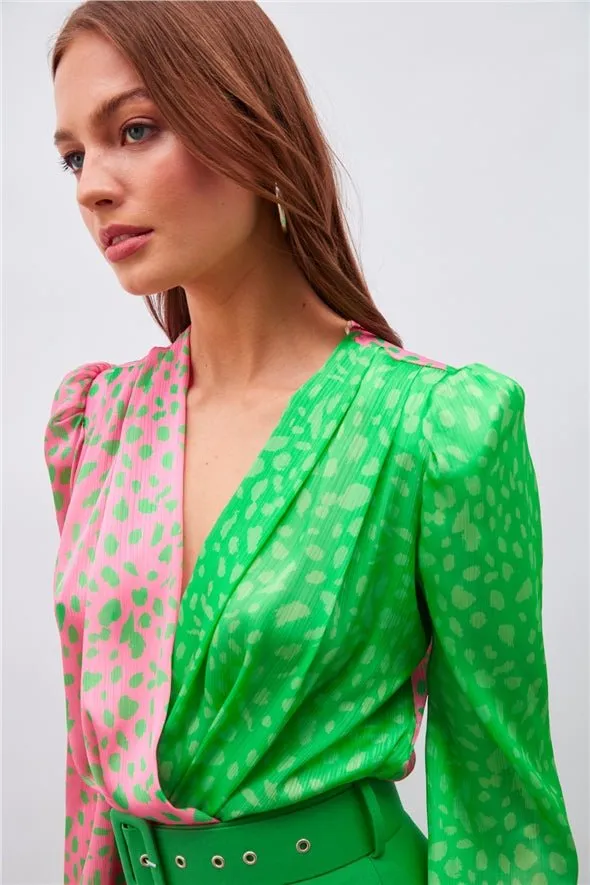 Double Breasted Patterned Bodysuit - Pink Multi Green