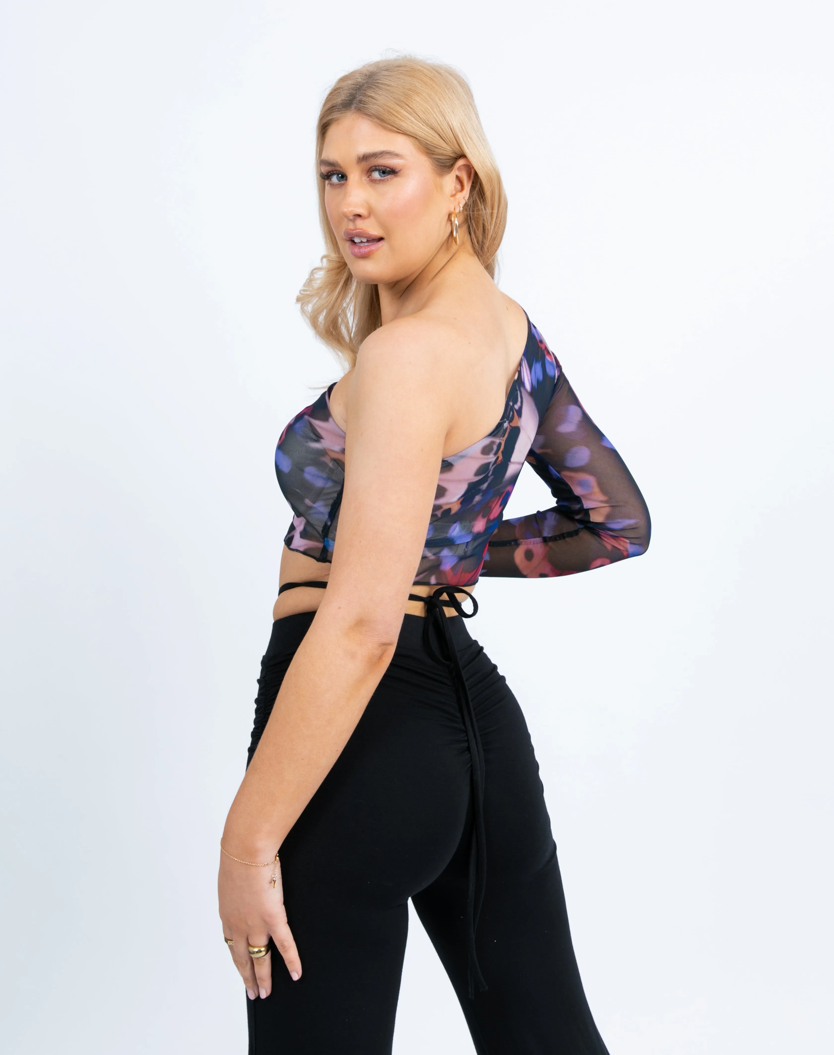 Kylie One Shoulder Butterfly Mesh Crop Top
