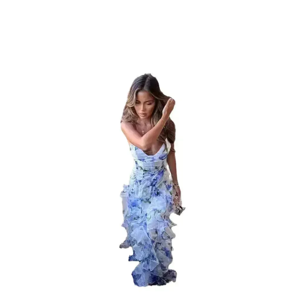 New Women's Spring And Summer Dew Fairy Sleeveless Backless Floral Long Dress