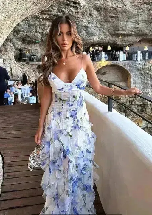New Women's Spring And Summer Dew Fairy Sleeveless Backless Floral Long Dress