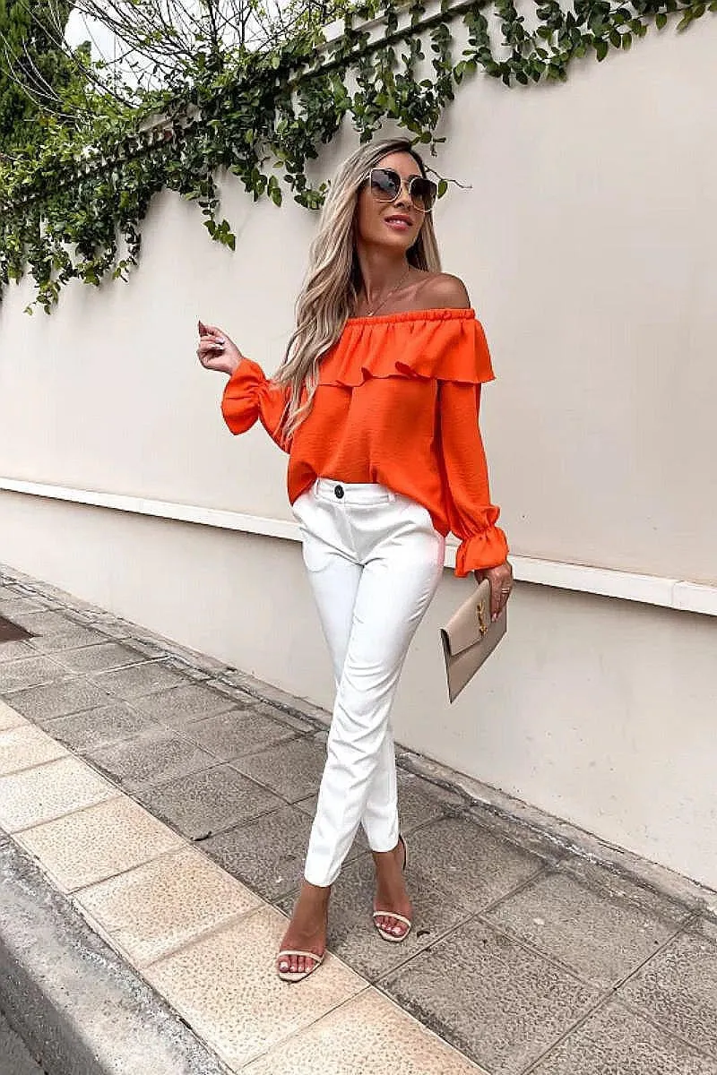 Orange Bardot Long Sleeve Frilled Top