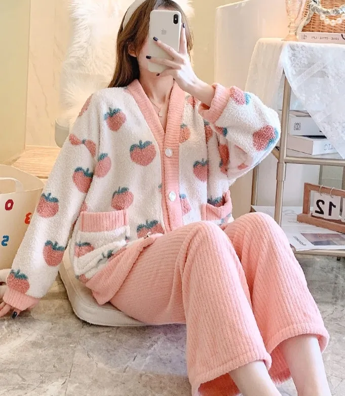 Peach Fruit Embroidery White Pink Top Pants Pajamas Set