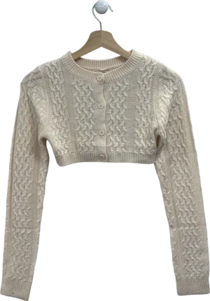 PrettyLittleThing Cream Cable Knit Cropped Cardigan UK S