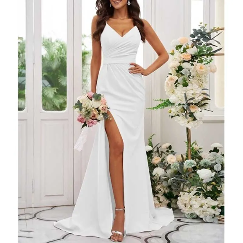 Ruched V-neck Sleeveless Sweep/Brush Train Bridal Dress Bridesmaid Dresses