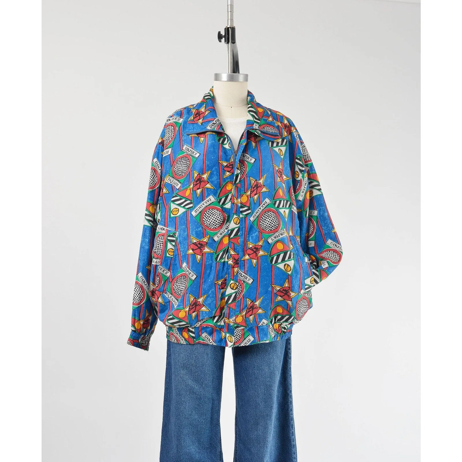 Vintage 90s Silk Golfer's Paradise Jacket | Golf Print Silk Bomber Jacket Unisex size L XL